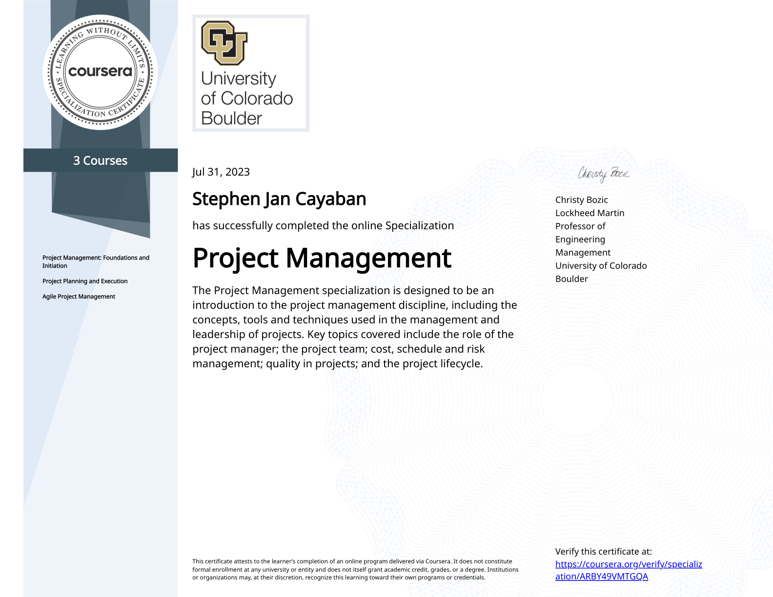 Project Management certificate awarded to Stephen Jan Cayaban, certificate ID ARBY49VMTGQA