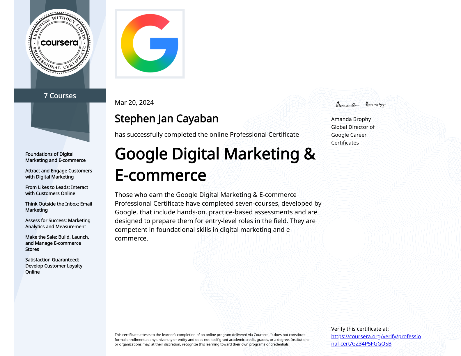 Google Digital Marketing & E-commerce certificate awarded to Stephen Jan Cayaban, certificate ID GZ34P5FGGQSB